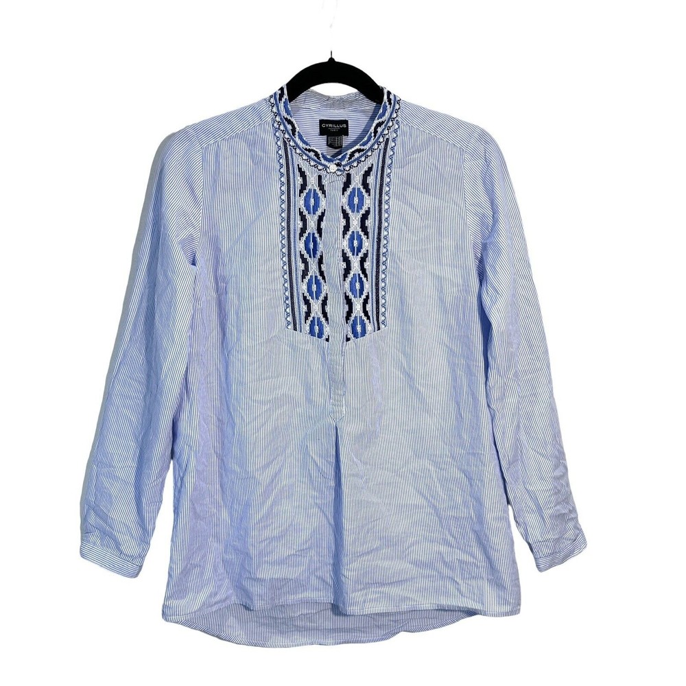 Cyrillus Paris Womans Emroidered Striped Blue White Long Sleeve Top Size 8